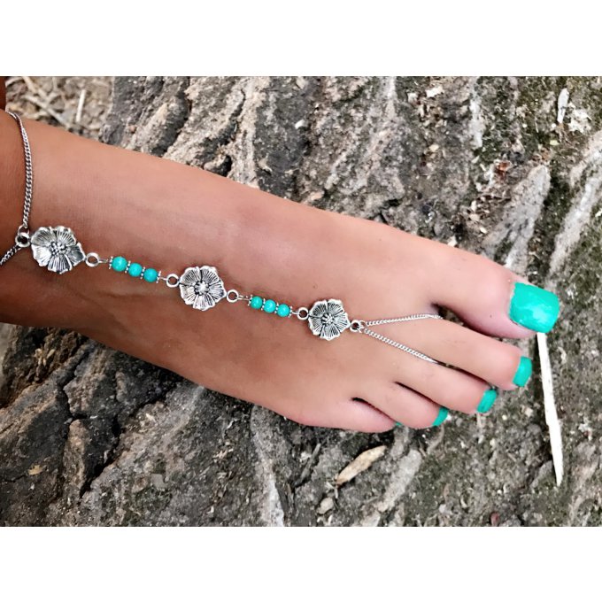 Bijou de pied en acier inoxydable et Jade turquoises-Foot jewel with gemstone