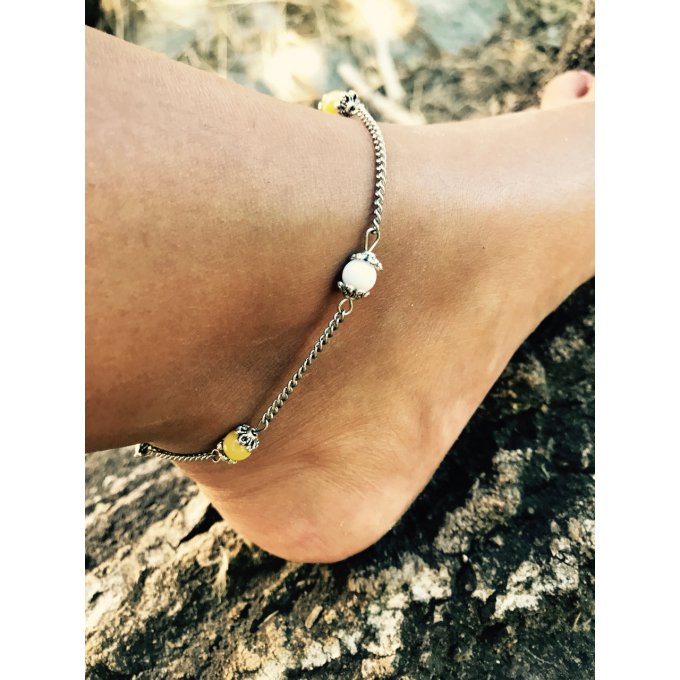 Chevillère en acier inoxydable et jade blanche et jaune